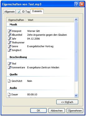 Dateieigenschaften (ID3-Tag) Dateieigenschaften (ID3-Tag)