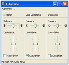 Aufnahmeeinstellungen unter Windows XP Aufnahmeeinstellungen unter Windows XP